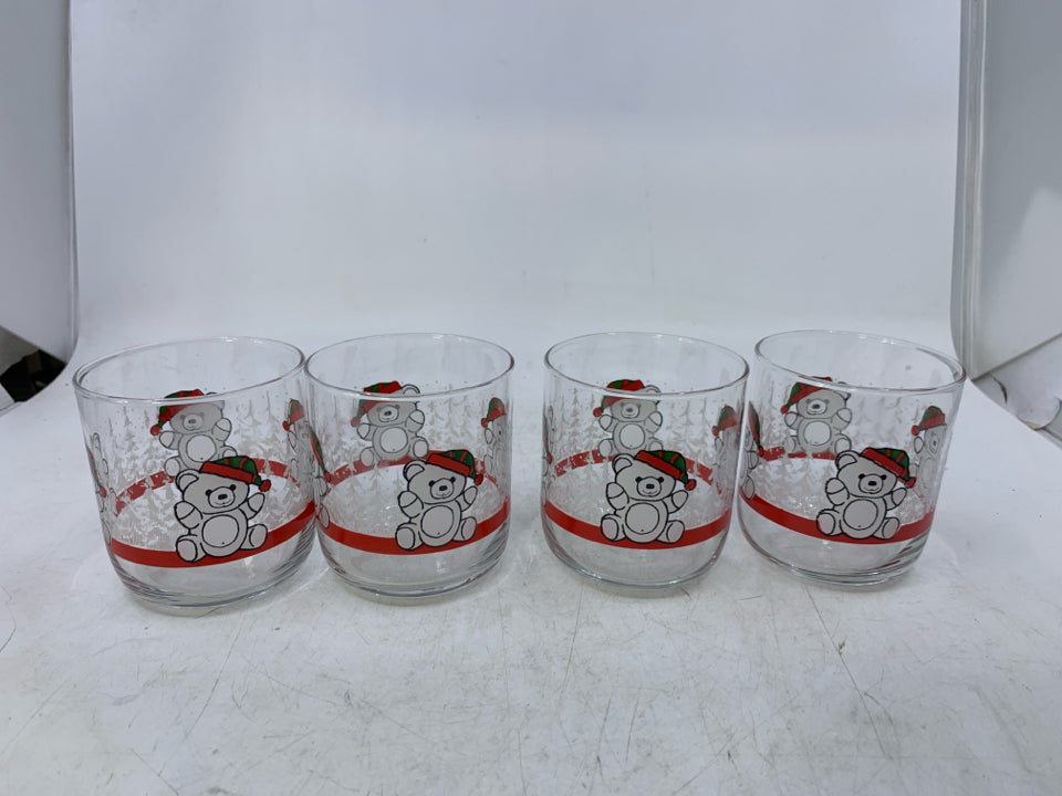 4 SHORT GLASSES W/ PRINTED TEDDY BEARS W/ HAT.