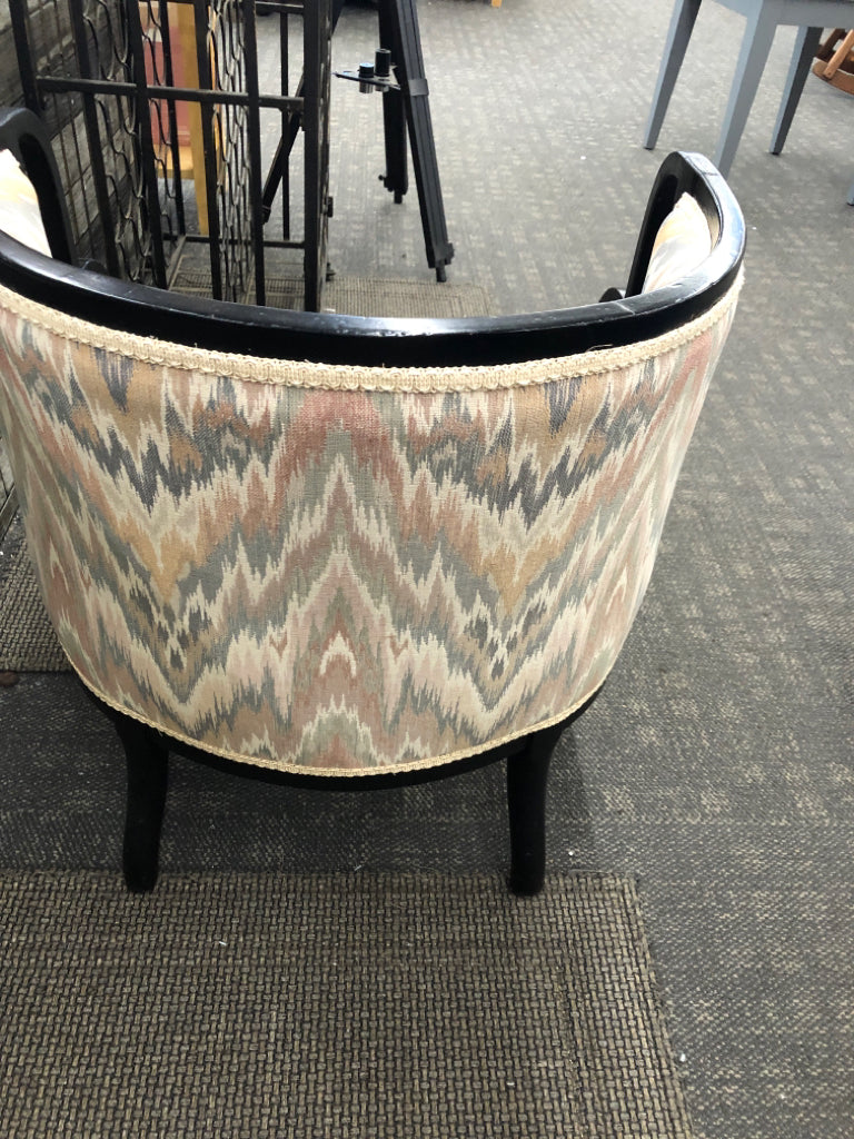 SHORT ROUND PASTEL UPHOLDERED W BLACK WOOD ACCENTS CHAIR.