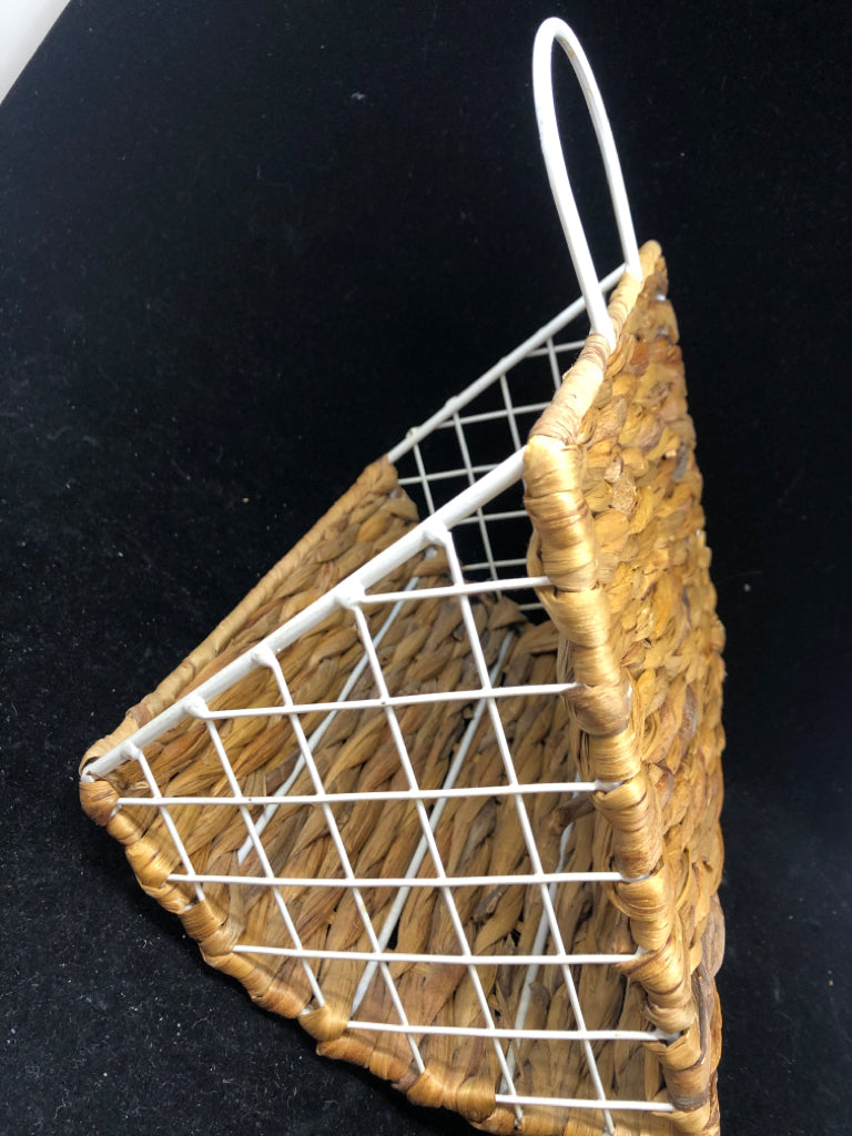 WICKER AND WHITE METAL WALL HANGING BASKET.