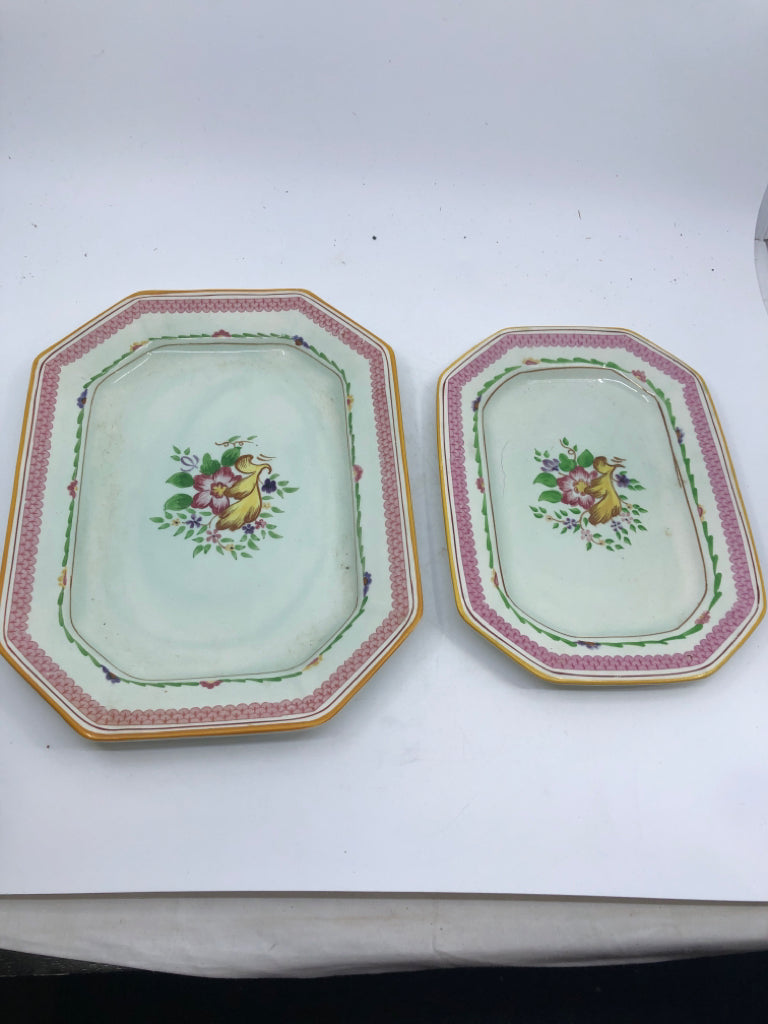 2 VTG NESTING GREEN W PINK FLORAL TRAYS- CALYX WARE.