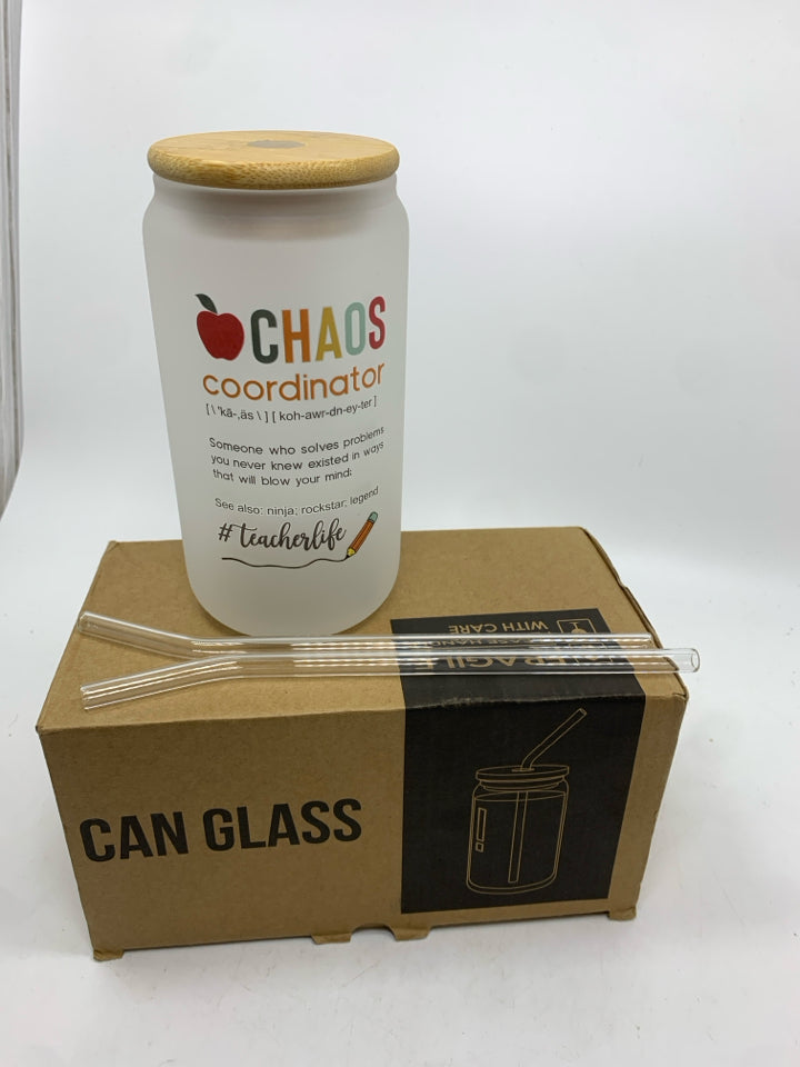 NIB TEACHER LIFE GLASS CAN W/STRAWS.