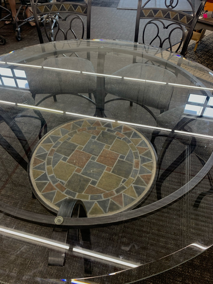 LIGHT WEIGHT GLASS CIRCLE TABLE W/ TILE 4 CHAIRS GREY CUSHIONS.
