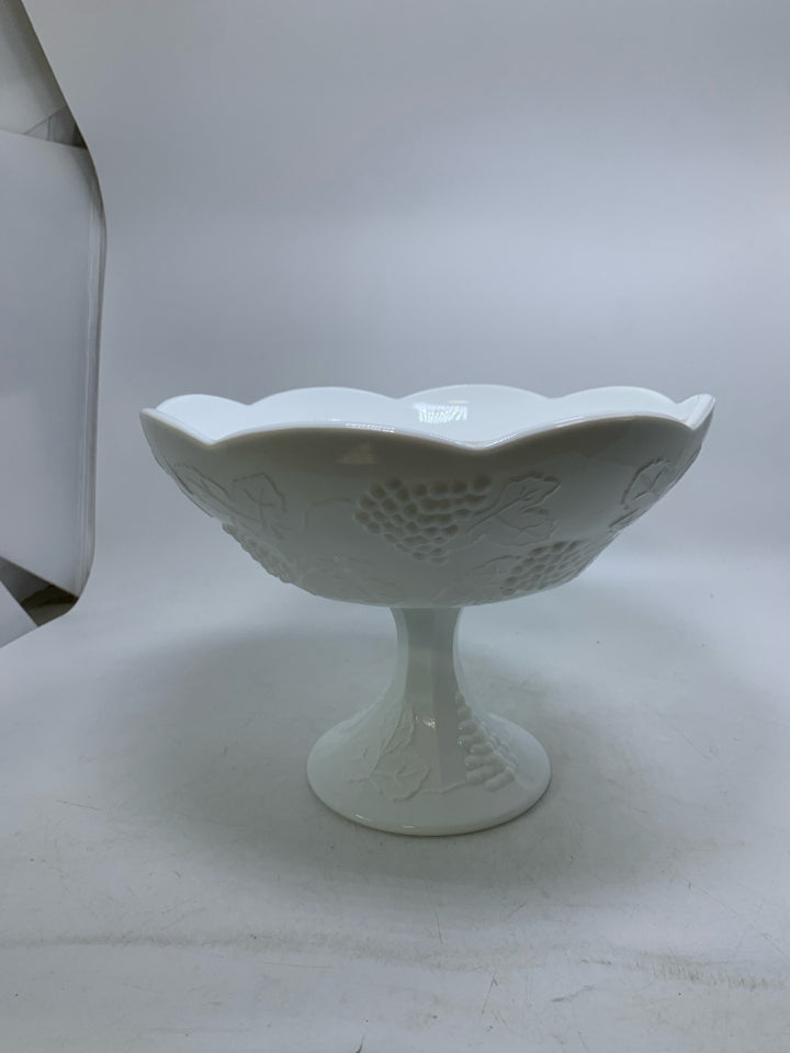VTG MILK GLASS PEDESTAL BOWL W/ EMBOSSED GRAPE PATTERN.