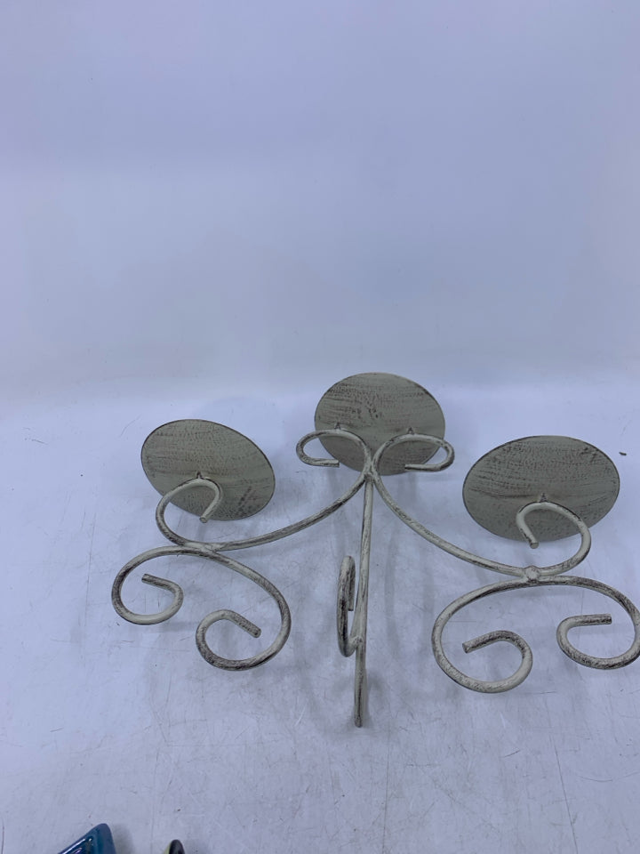 WHITE METAL DISTRESSED 3 SLOT PILLAR CANDLE HOLDER.