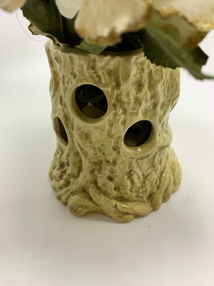 WHITE BARK VASE W/FAUX WHITE FLOWERS.