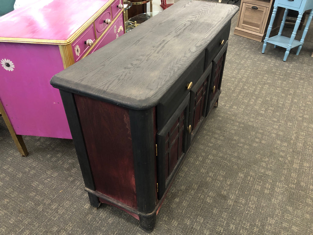 RUSTIC BUFFET TABLE 2 DRAWERS 3 LOWER CABINETS MATTE BLACK W/ DARK RED DETAILS B
