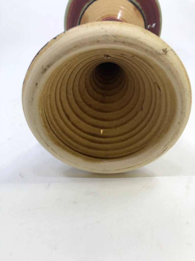 ABSTRACT PAINTED POTTERY CHALICE CREAM, GREEN & RED.