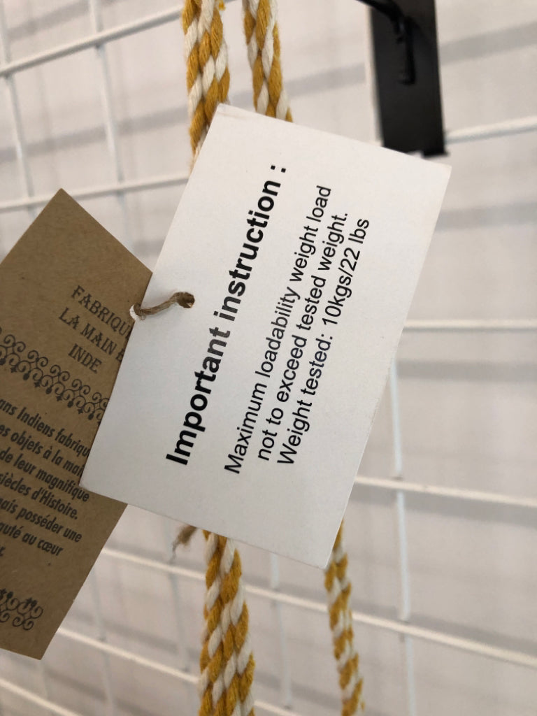 NWT HANGING WOOD SHELF W/YELLOW BRAIDED STRING.