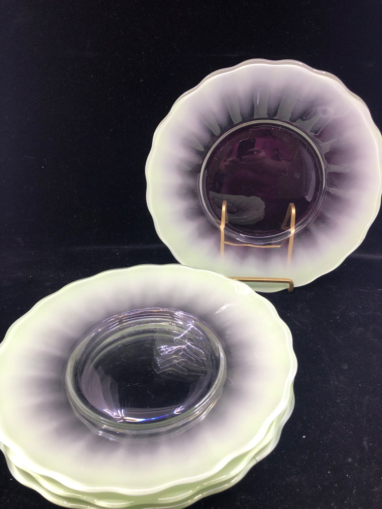 4 VTG GREEN OMBRE DESSERT PLATES.