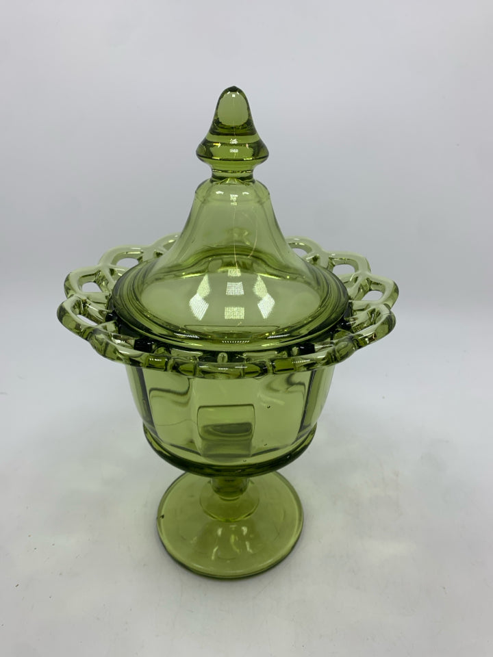 VTG COVERED GLASS PEDESTAL CANDY DISH.
