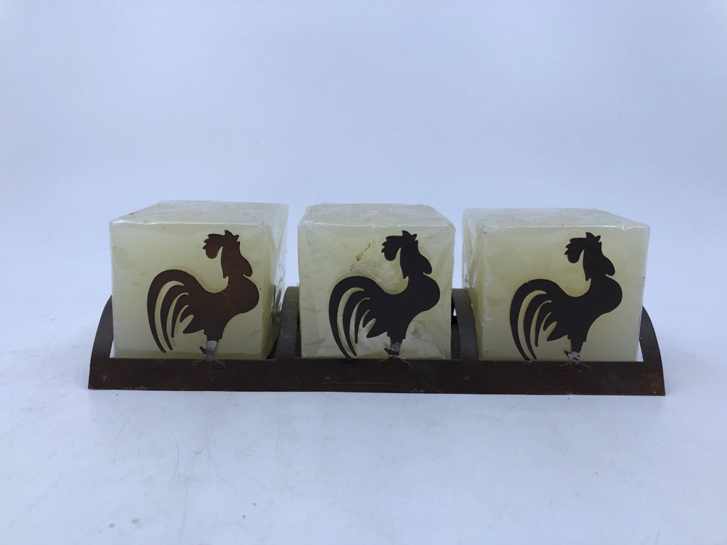 NIP SQUARE CANDLE W METAL ROOSTER HOLDER.