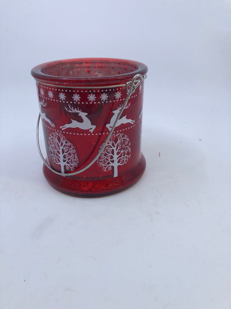 RED W REINDEER MERCURY GLASS LANTERN.