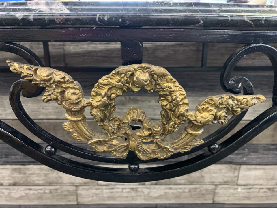 BLACK WROUGHT IRON BLACK MARBLE TOP CONSOLE TABLE.