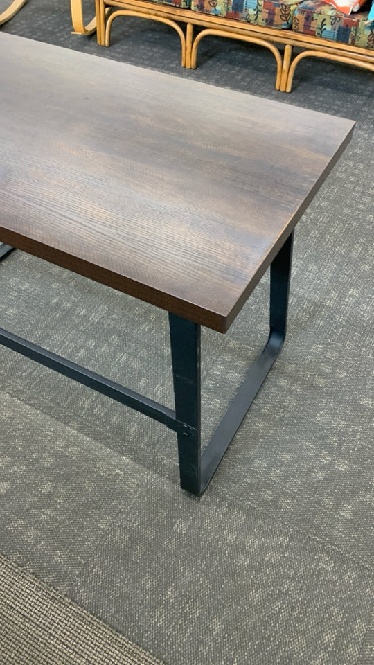 RUSTIC WOOD TOP DESK W/BLACK METAL FRAME.