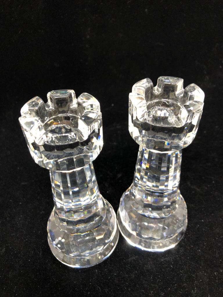 2PC CRYSTAL CASTLE CANDLESTICK HOLDERS.