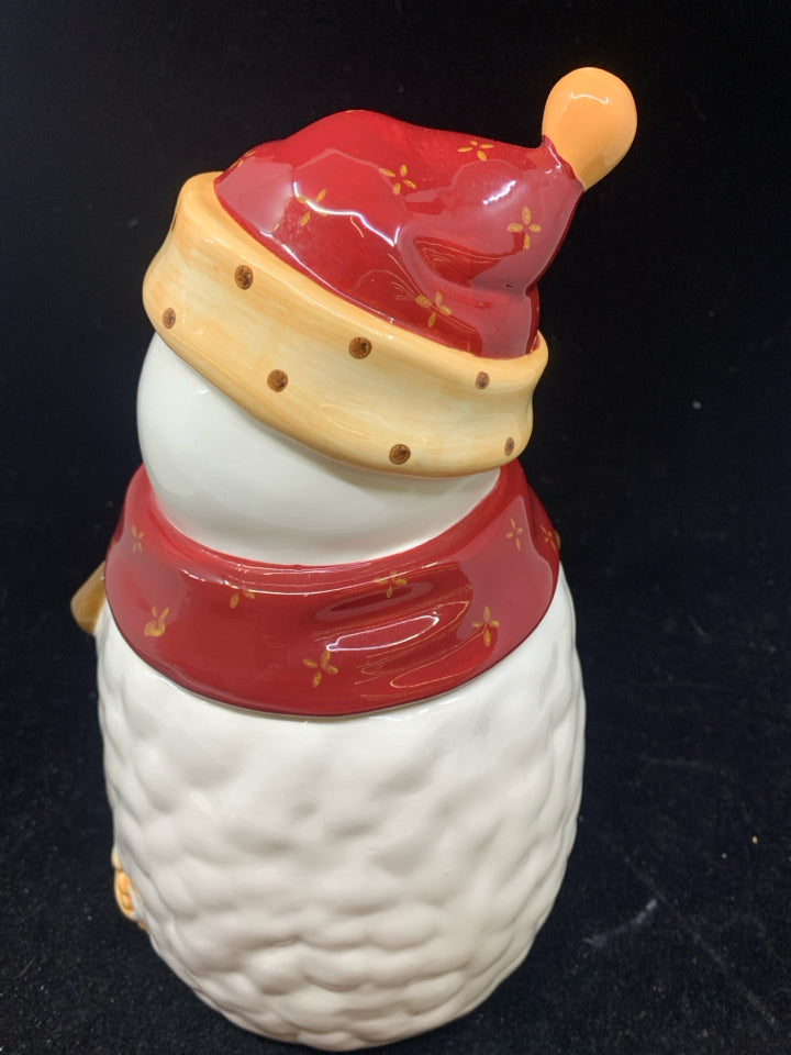 SNOWMAN COOKIE JAR W/ MAROON SCARF+HAT.