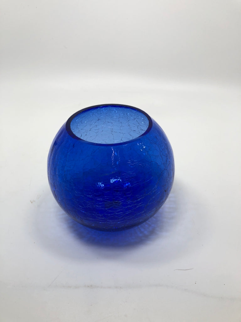 COBALT BLUE CRACKLE GLASS ORB TEALIGHT HOLDER.