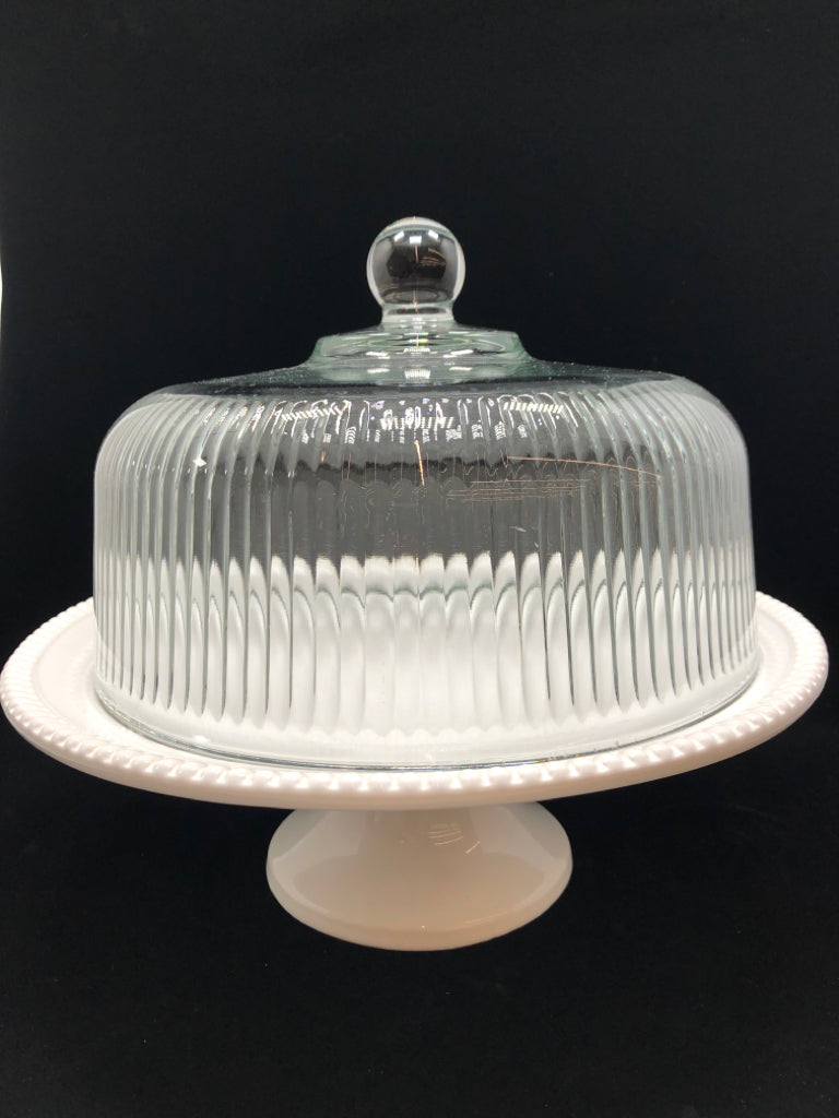 RAISED WHITE CAKE STAND W/GLASS COVER.