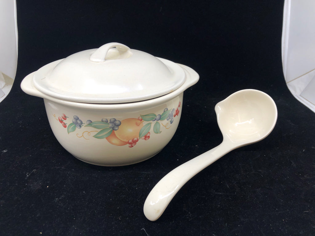 FRUIT STONEWARE TUREEN WITH LADLE.
