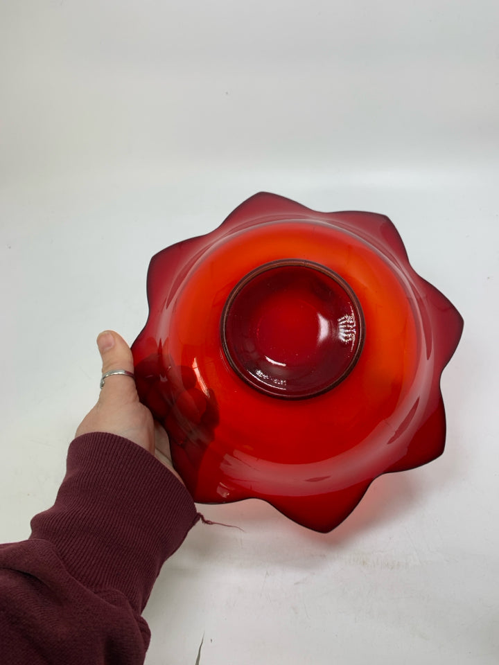 VTG RUBY RED/ORANGE LOTUS FLOWER SHAPED PETAL BOWL.