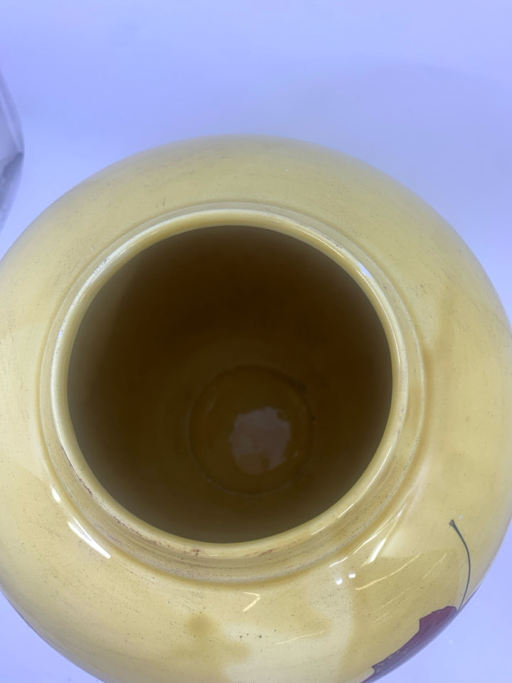 LARGE YELLOW VASE W LEAVES.