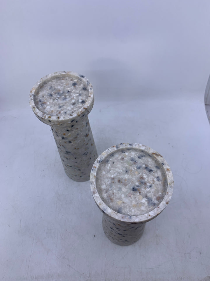 2 HEAVY FAUX STONE PILLAR CANDLE HOLDER W/ MULTI COLORED SPECKLES.