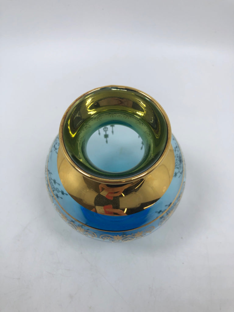 BLUE GLASS VASE W/GOLD GILT OVERLAY.