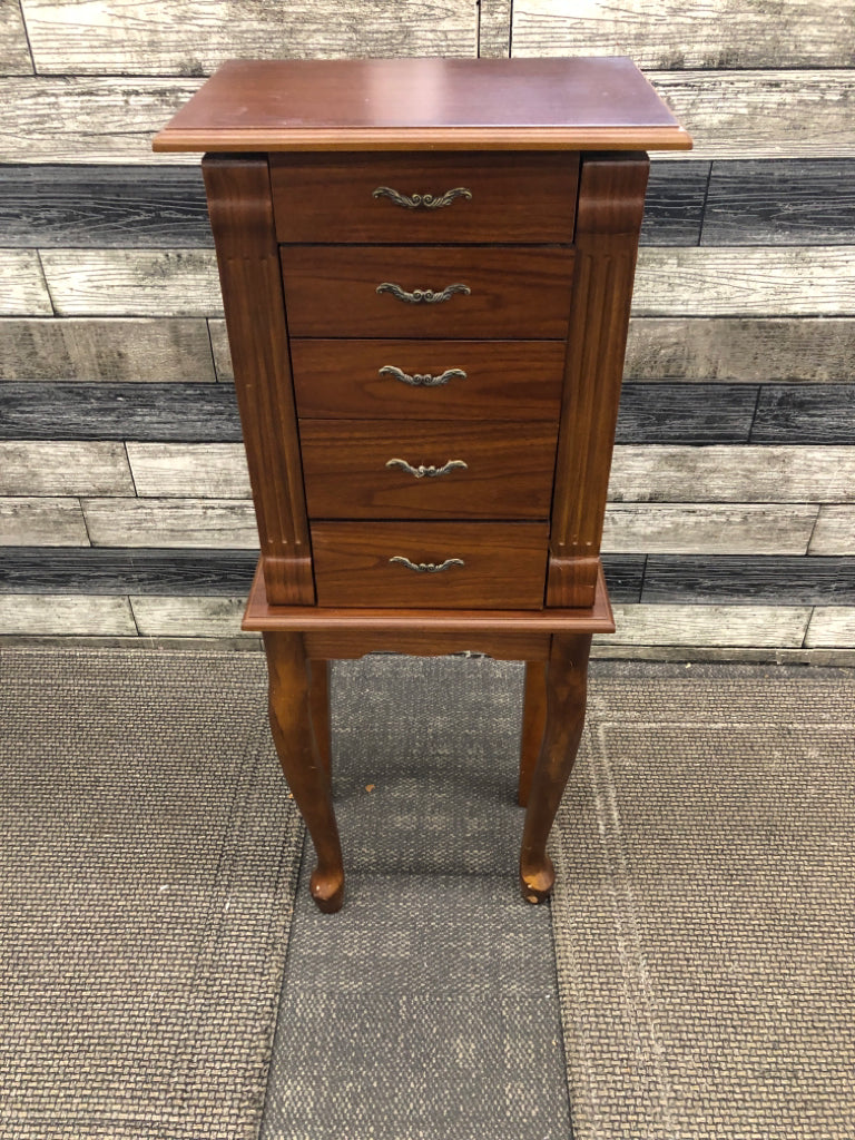DK WOOD JEWELRY ARMOIRE W/FLIP LID 4 DRAWERS *MINOR WEAR.