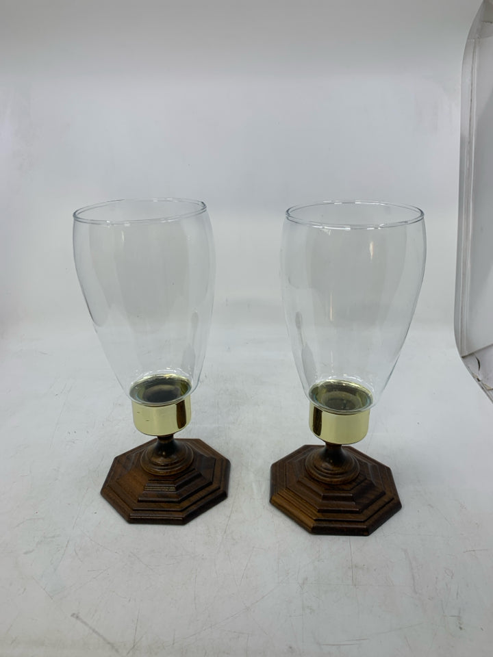 2 WOOD BASE W/ CLEAR GLASS SHADED TAPERED CORNWALL.