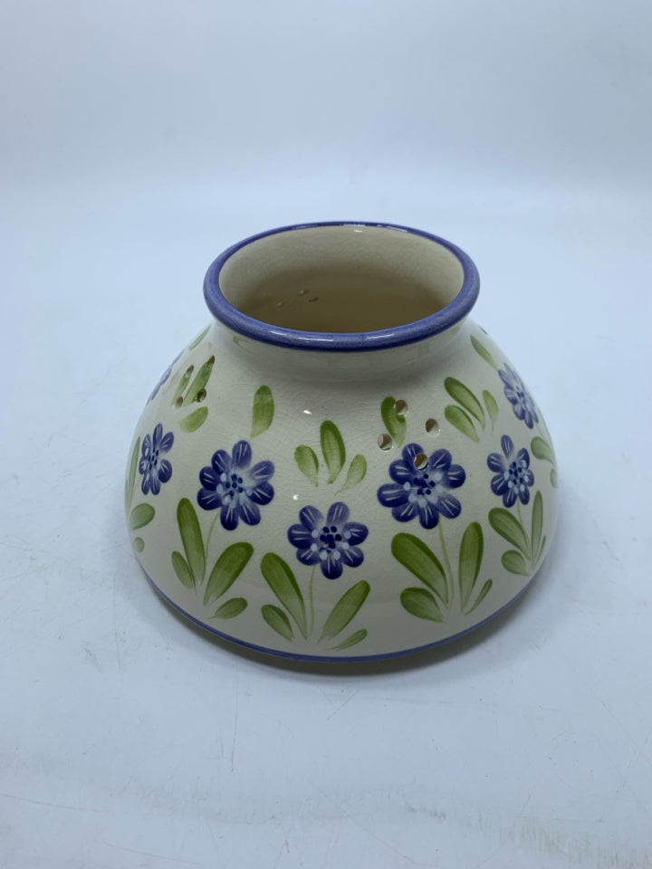 POTTERY CANDLE SHADE W/ PURPLE FLOWERS/RIM.