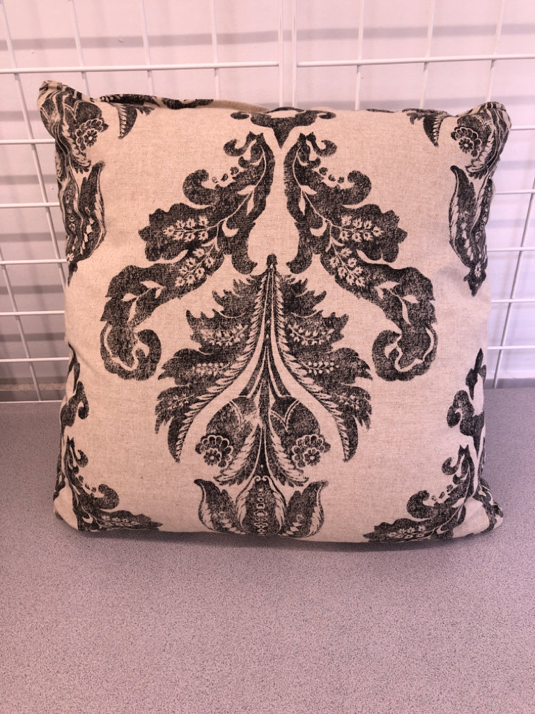 BLACK & CREAM DAMASK DECORATIVE PILLOW.