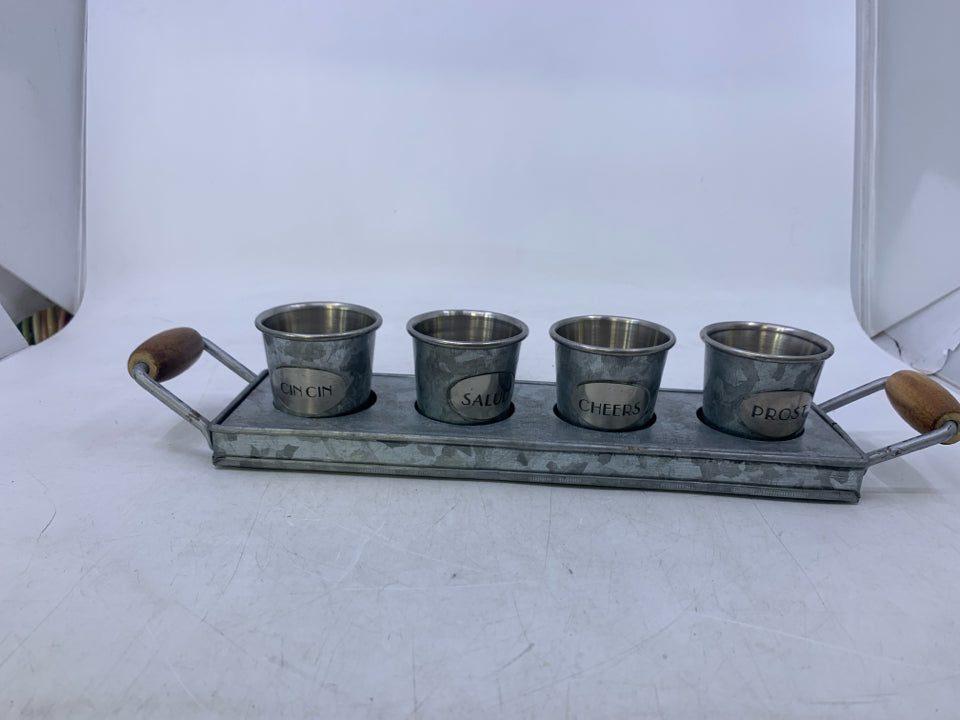 GALVANIZED TRAY W/ 4 SMALL GLASSES DRINK FLIGHT.