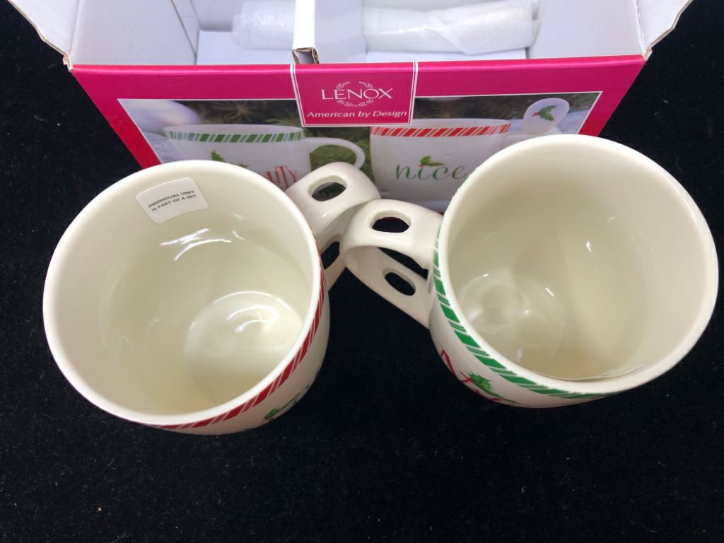 NIB 2 NAUGHTY/NICE MUGS W/ SPOONS LENOX.