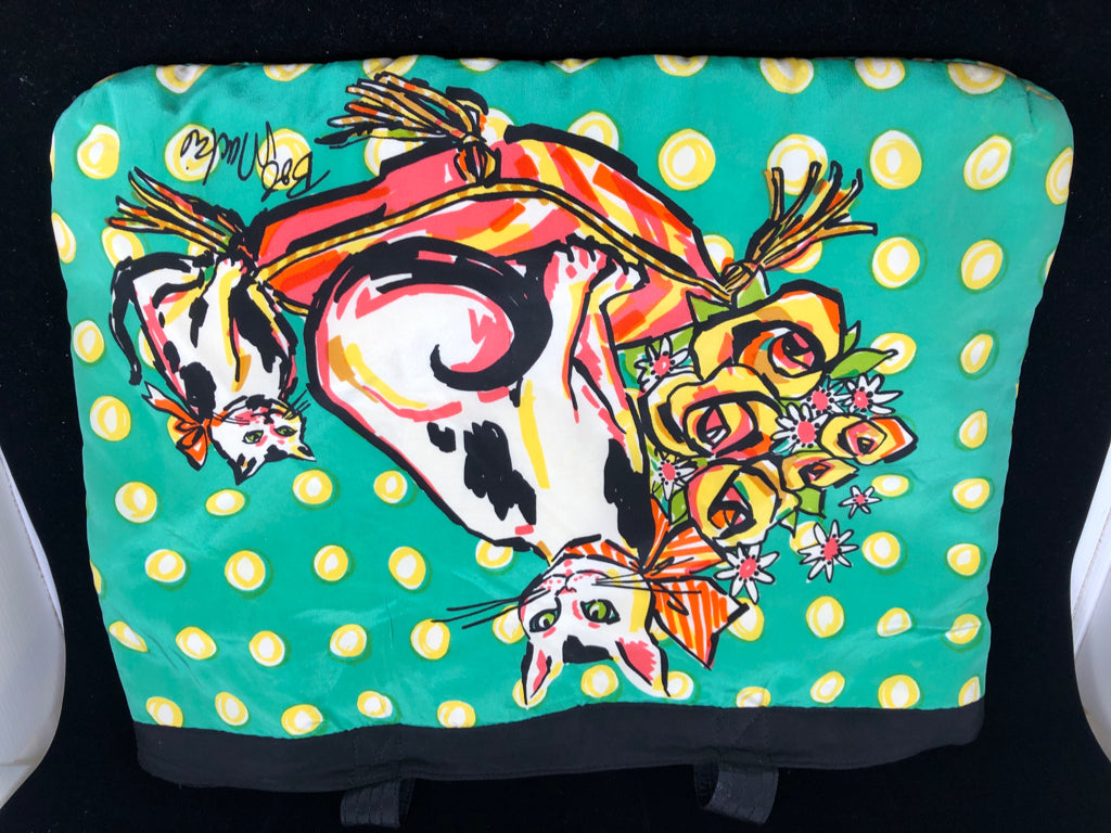 TEAL CAT BAG W YELLOW POLKA DOTS.