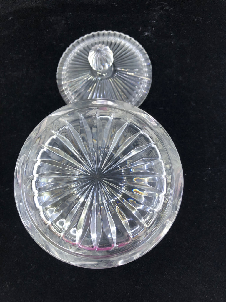 HEAVY CUT GLASS CANISTER W LID.