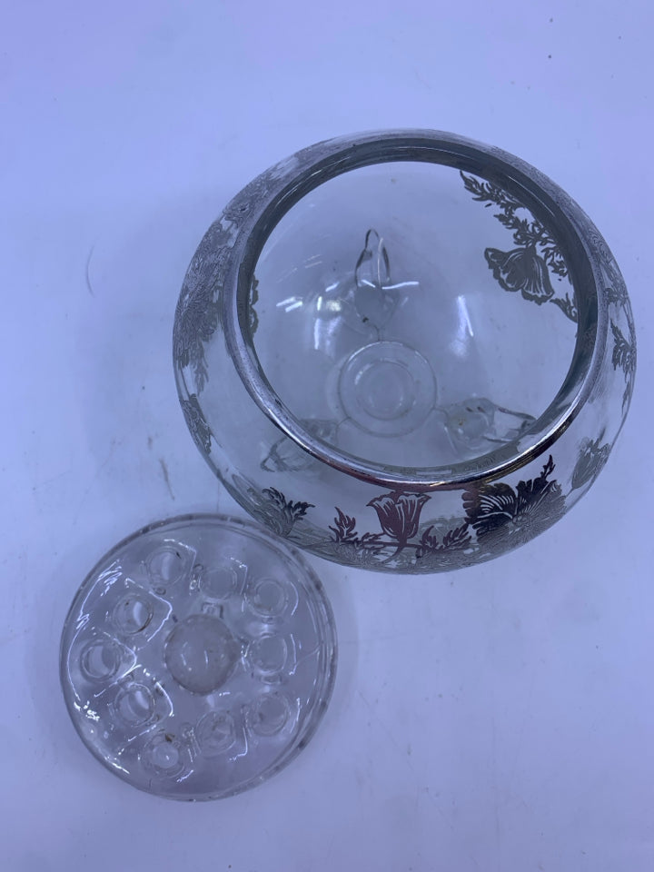 VTG FOOTED SILVER FLORAL ROSE BOWL W FLOWER FOG.