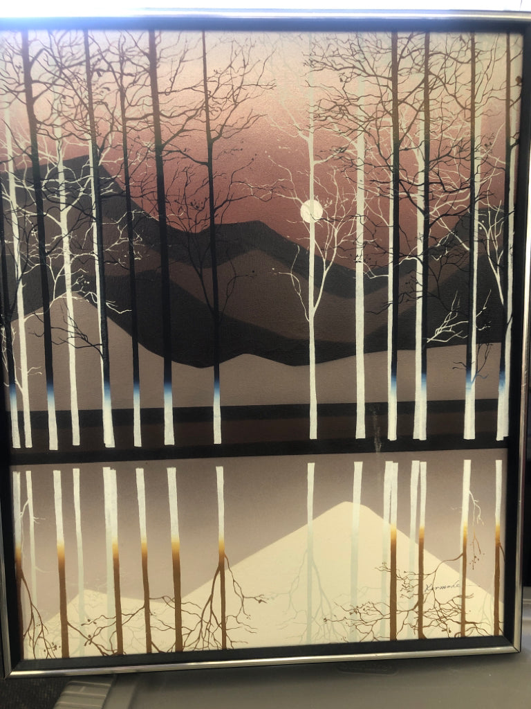 ABSTRACT TREES PAINTING W/ MOUNTAINS BLACK/SILVER FRAME.