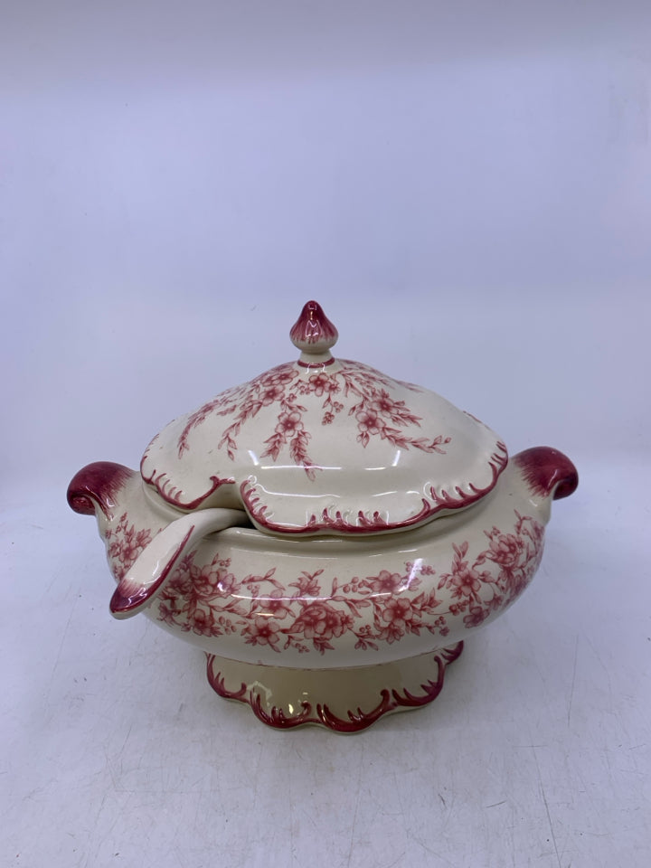 IVORY & RED FLORAL CERAMIC W/ SPOON.