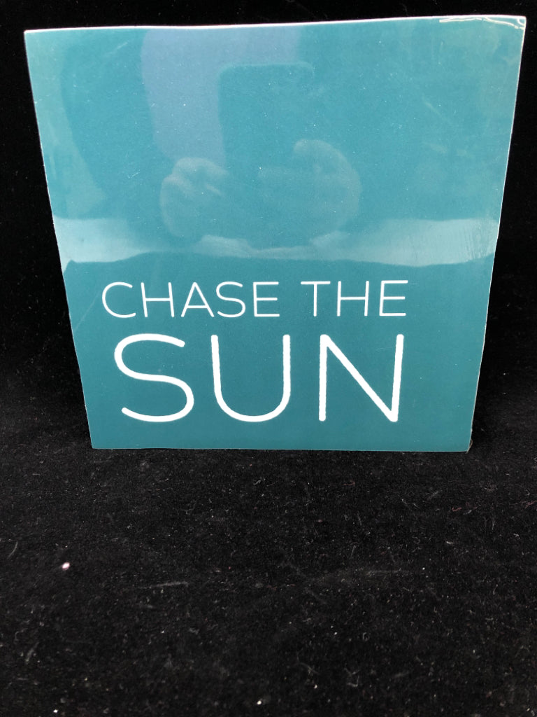CHASE THE SUN TEAL ON WOOD BLOCK WALL HANGING.