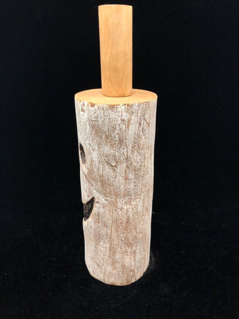 WHITE WASHED CARVED CYLINDER WOOD PUMPKIN.