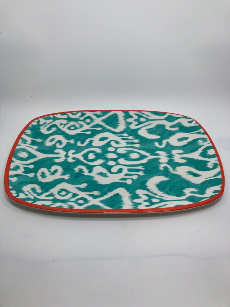 TEAL MELAMINE PLATTER W/ORANGE TRIM.