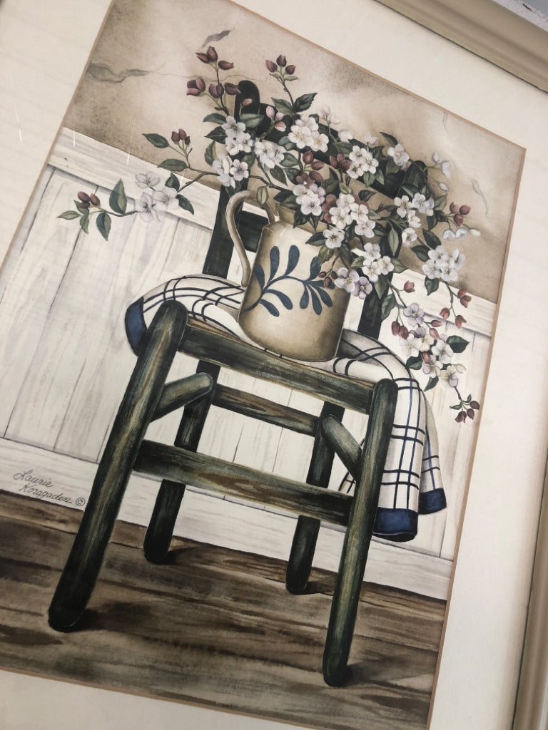 PRIMITIVE CHAIR W/FLOWERS STILL-LIFE.