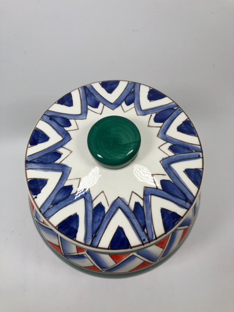 MULTI-COLORED BLUE/ YELLOW ROUNDED JAR.