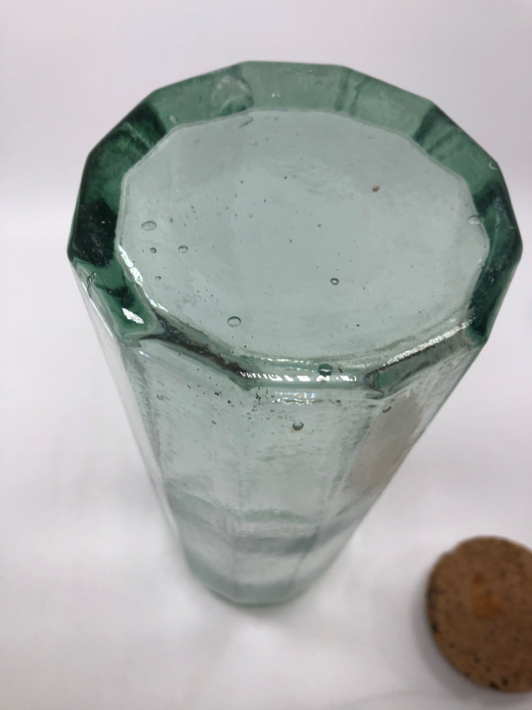 TALL GREEN GLASS CANISTER W/CORK LID.