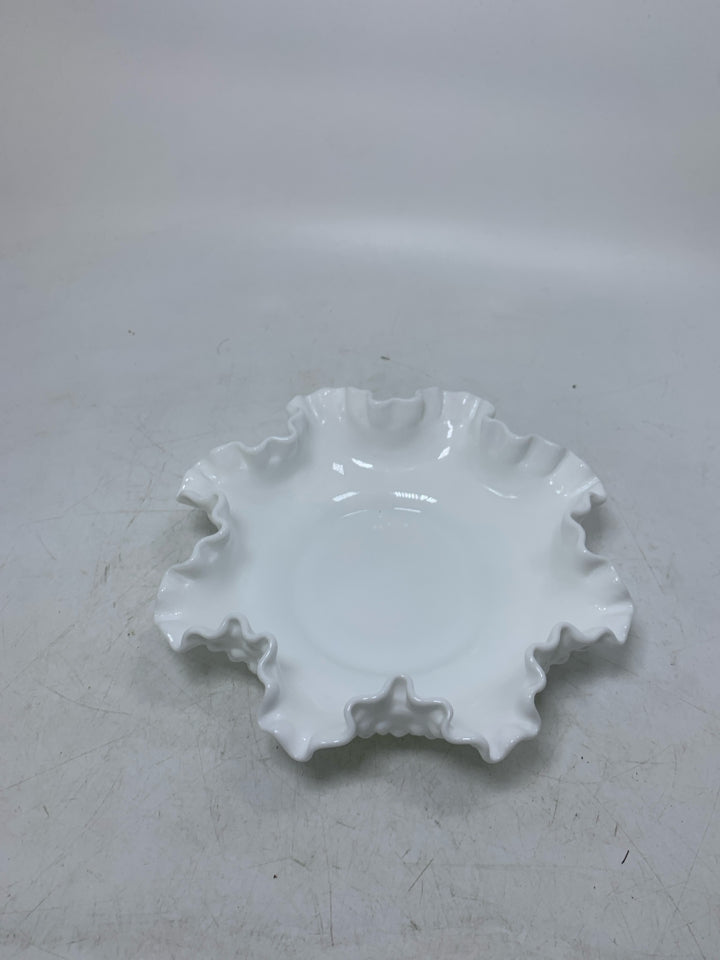 SHALLOW HOBNAIL MILK GLASS BOWL W/ RUFFLED EDGE.