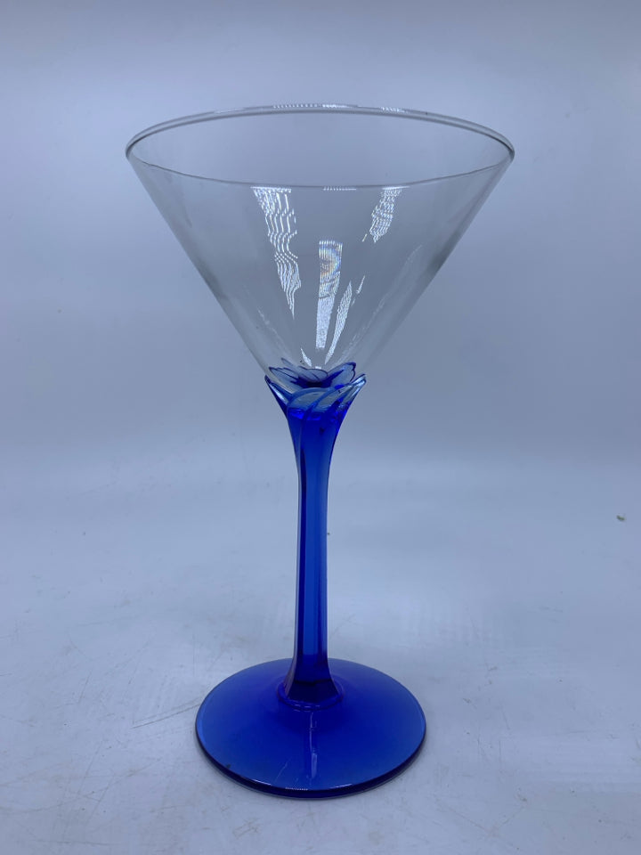 6 COBALT BLUE STEM MARTINI GLASSES.