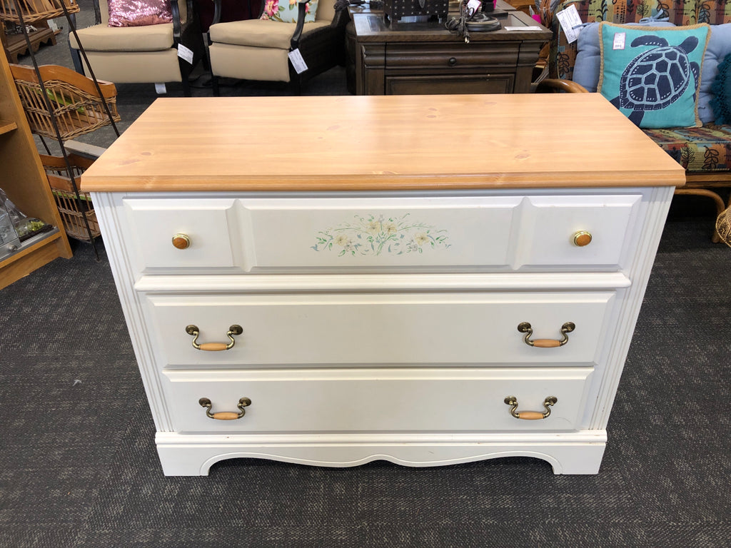 PAINTED FLORAL WOOD-TOP WHITE DRESSER *BOTTOM DRAWER SLIDE BROKEN.