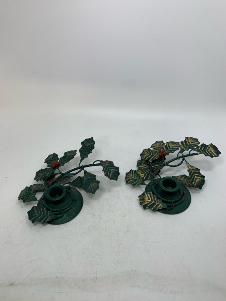 2 METAL HOLLY TAPERED CANDLE HOLDERS.