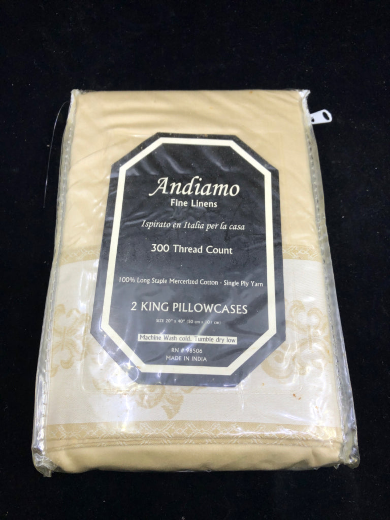 NIP ANDIAMO CREAM W TAN KING PILLOW CASES.