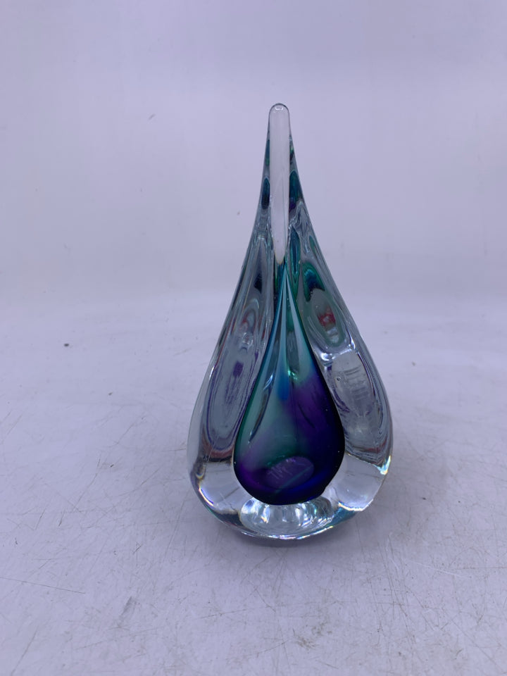 TEA DROP SHAPED GLASS W/ GREEN PURPLE BLUE INSIDE.